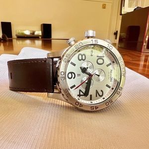 Nixon 51-30 Chrono with brown leather band and stainless steel casing.